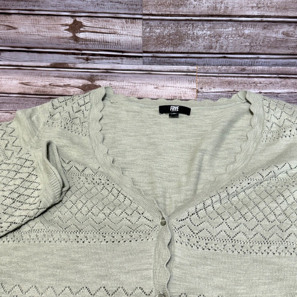 Frye Cardigan Sweater Womens Medium Sage Green Pointelle Knit Scalloped V-Neck